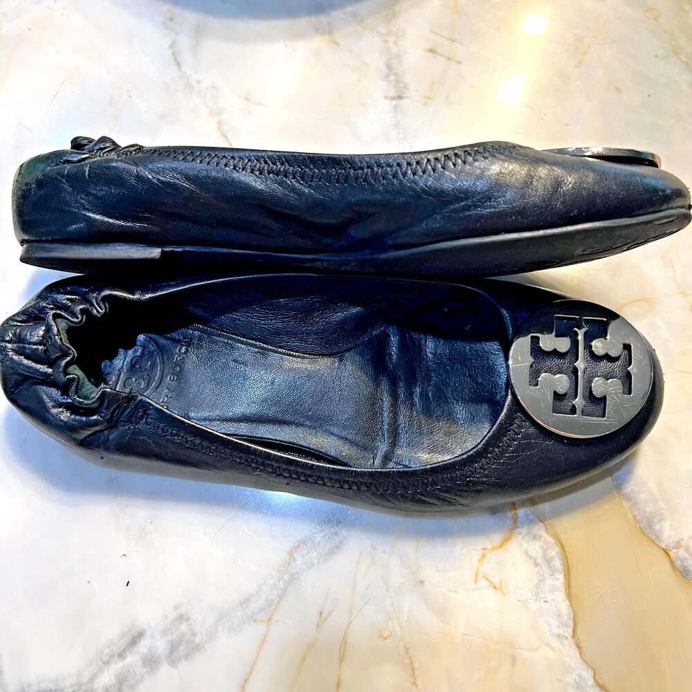 Tory Burch Reva Leather Black Silver Logo Ballet Flats Shoe Women's 6.5 - Picture 5 of 16